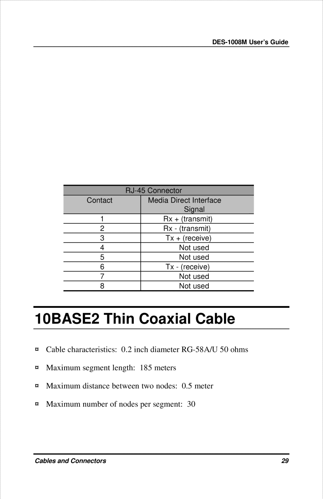 D-Link DES-1008M manual 10BASE2 Thin Coaxial Cable 