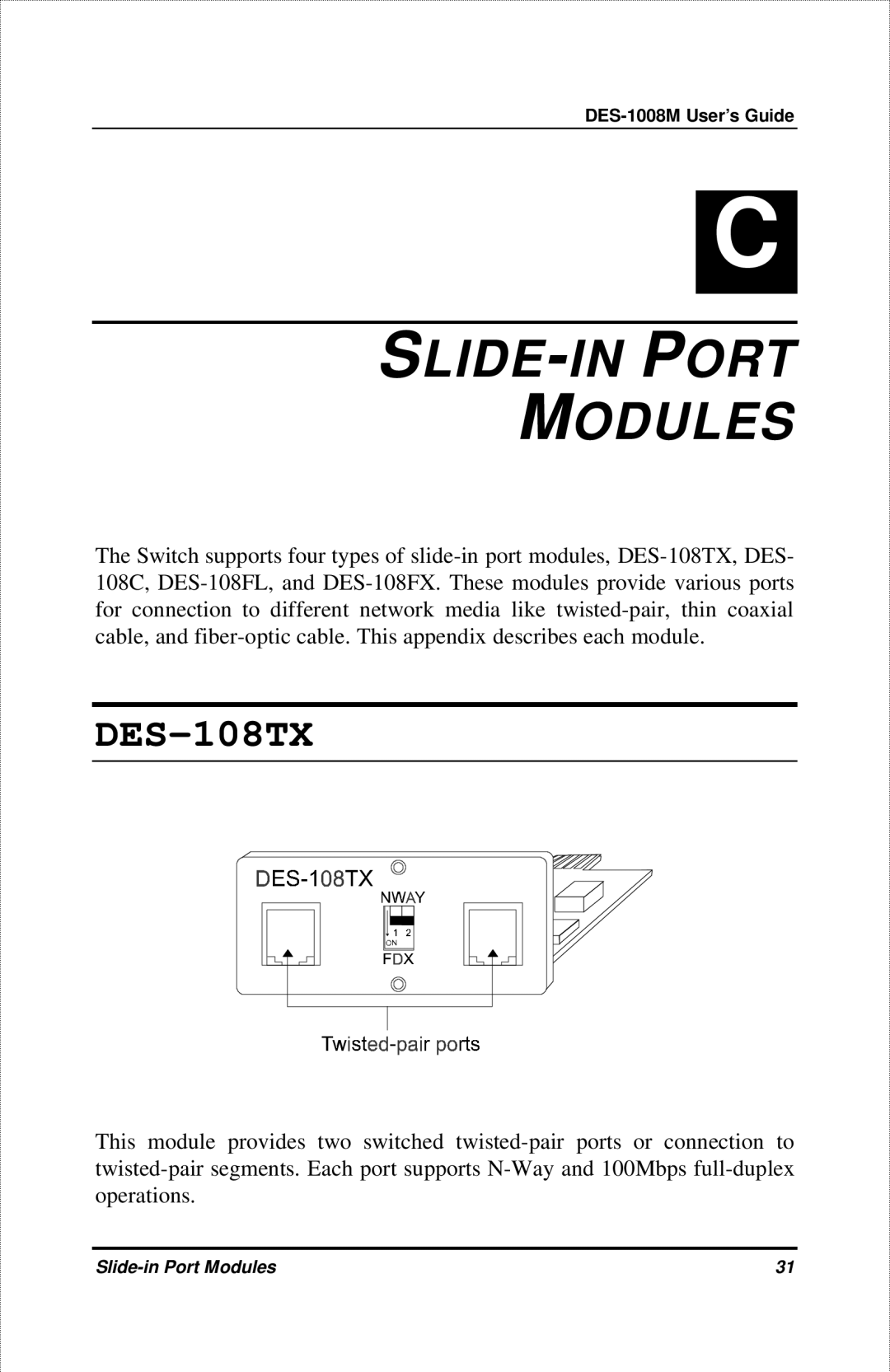 D-Link DES-1008M manual SLIDE-IN Port Modules, DES-108TX 