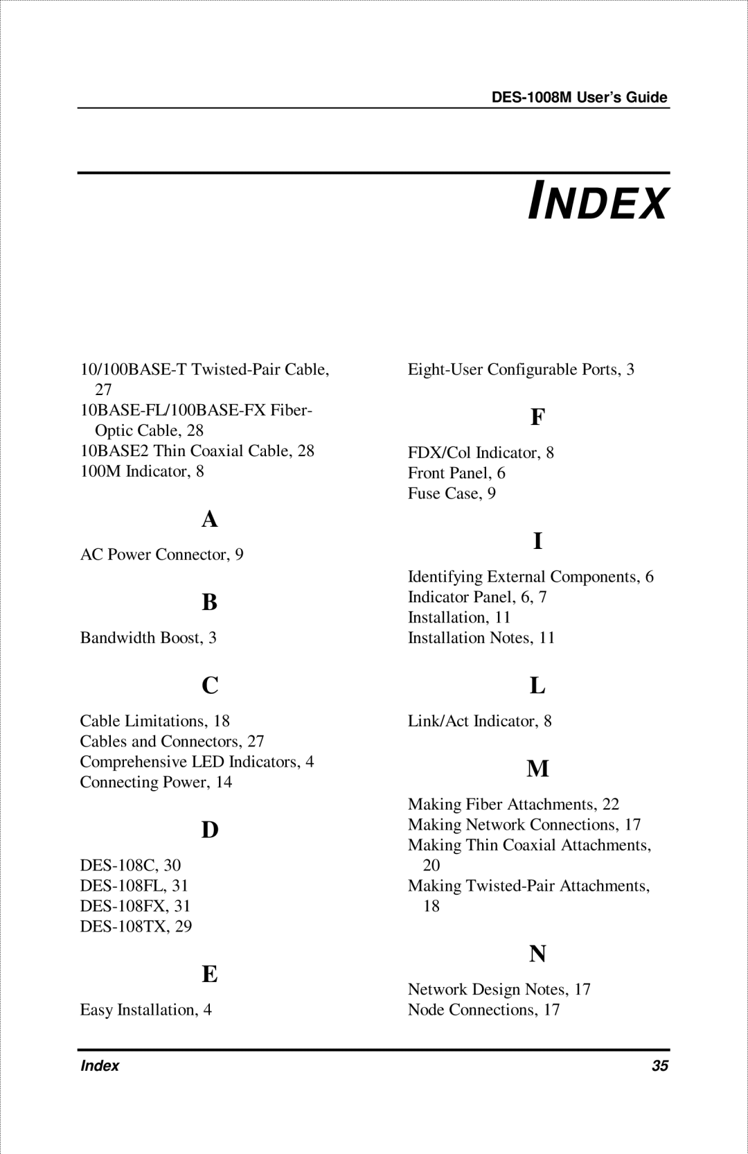 D-Link DES-1008M manual Index 