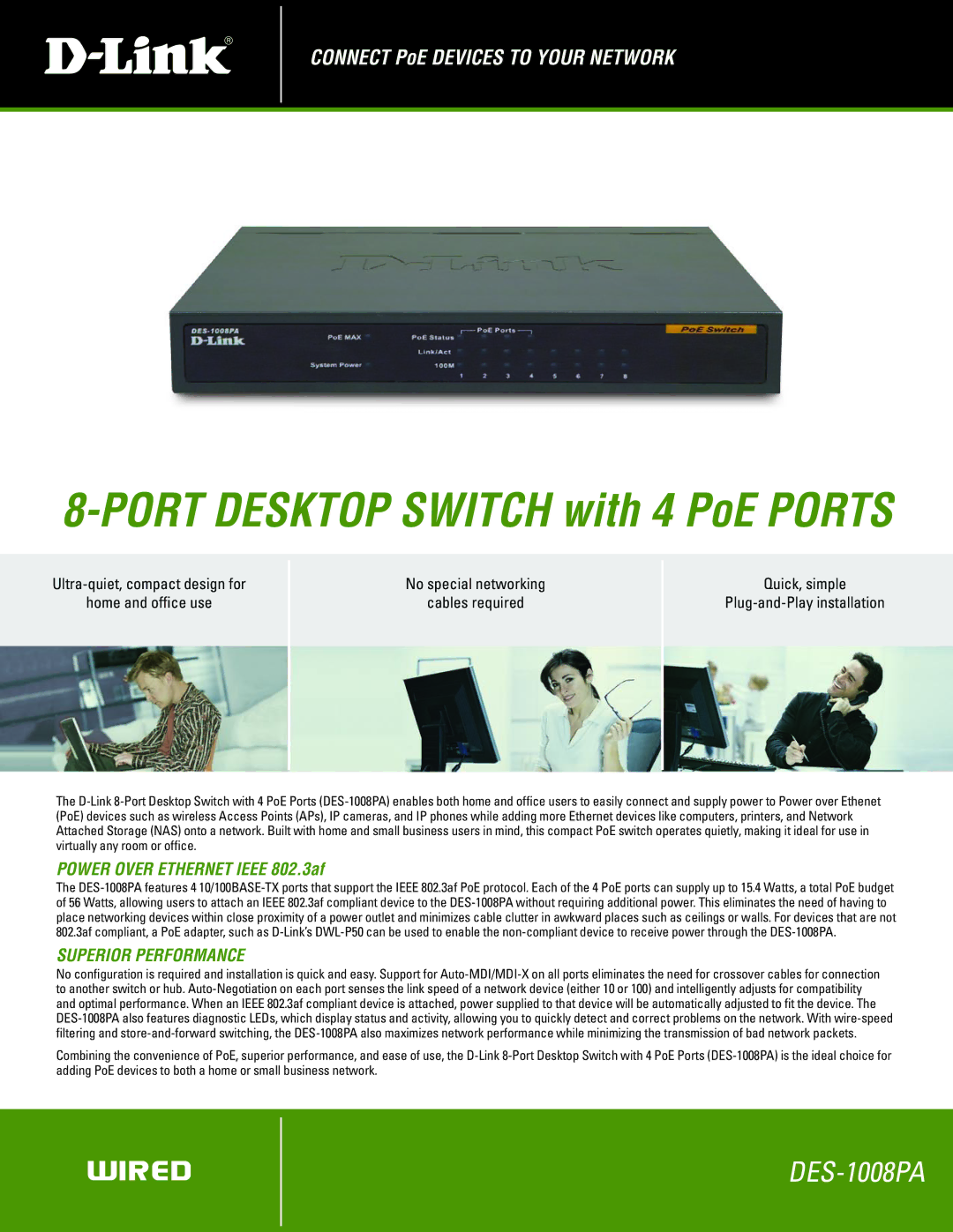 D-Link DES-1008PA manual Port Desktop Switch with 4 PoE Ports, Superior Performance 