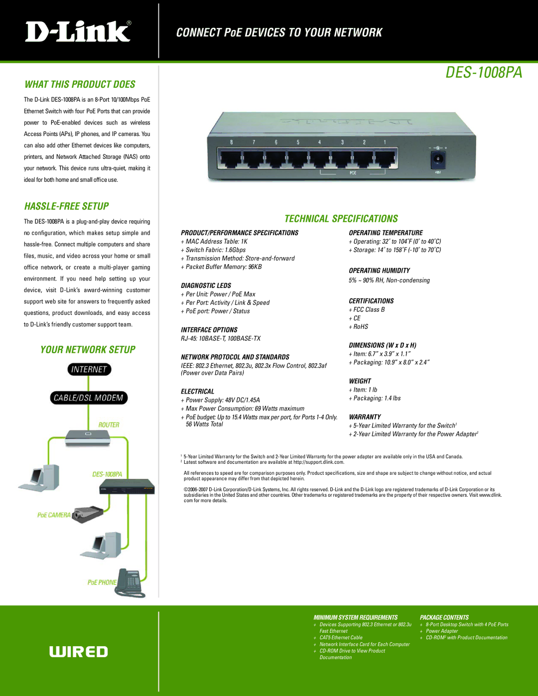 D-Link DES-1008PA manual What this Product does, HASSLE-FREE Setup, Technical Specifications, Your Network Setup 