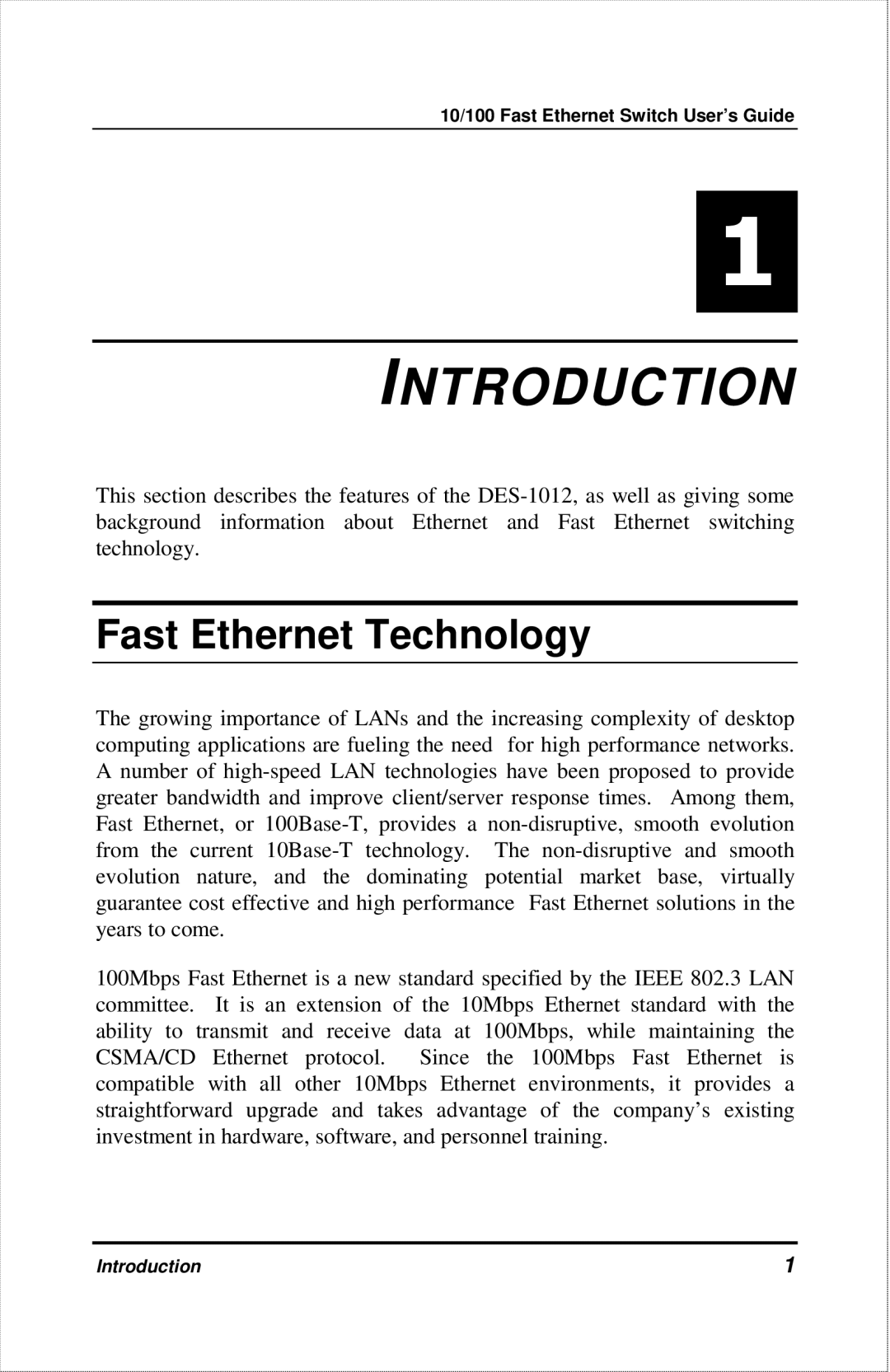 D-Link DES-1012 manual Introduction, Fast Ethernet Technology 