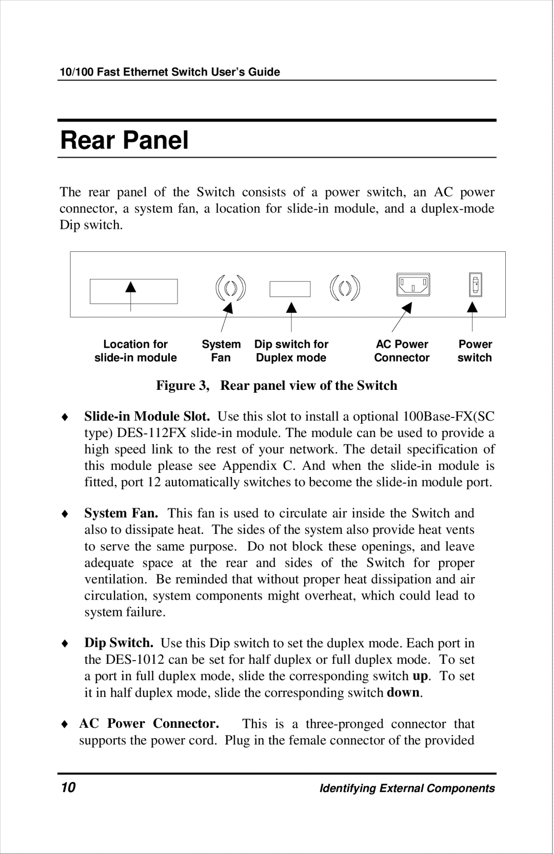 D-Link DES-1012 manual Rear Panel, Rear panel view of the Switch 