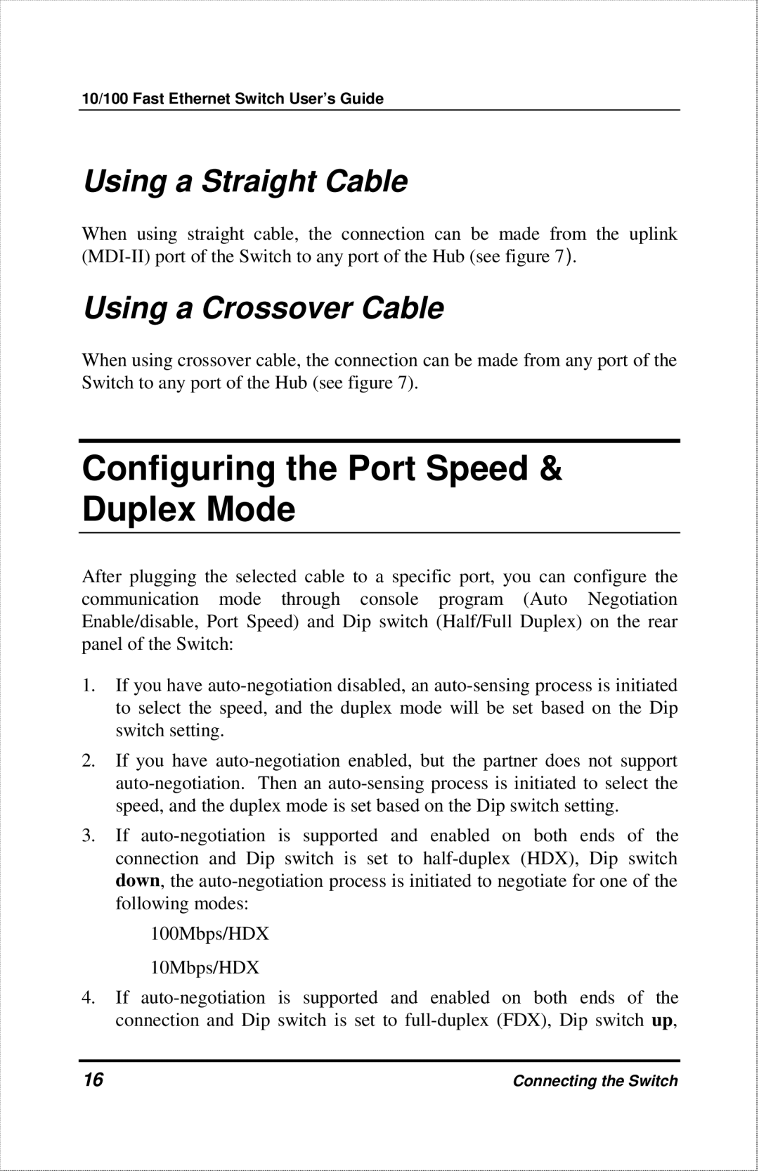 D-Link DES-1012 manual Configuring the Port Speed & Duplex Mode, Using a Straight Cable, Using a Crossover Cable 