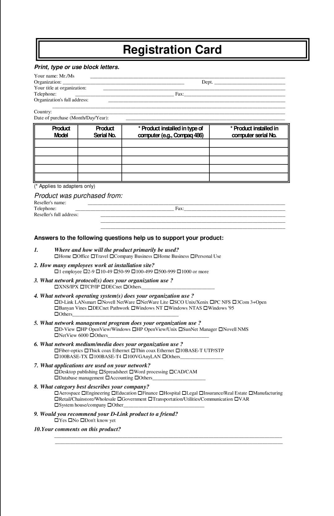 D-Link DES-1012 manual Registration Card 