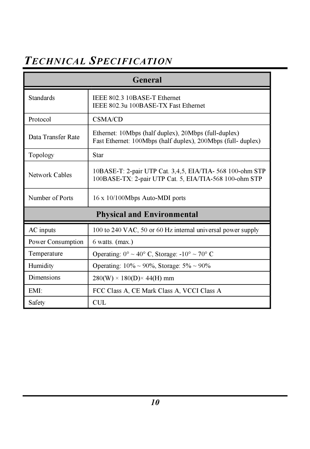 D-Link DES-1016D manual Technical Specification, General, Physical and Environmental 