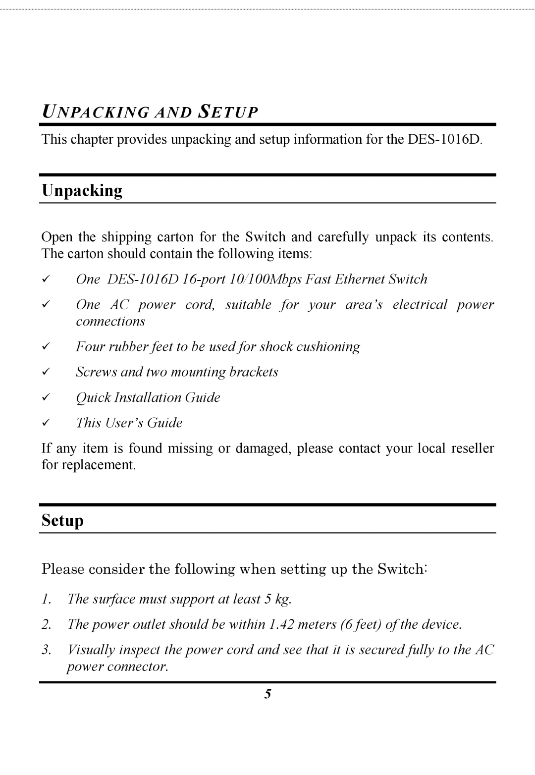 D-Link DES-1016D manual Unpacking and Setup 