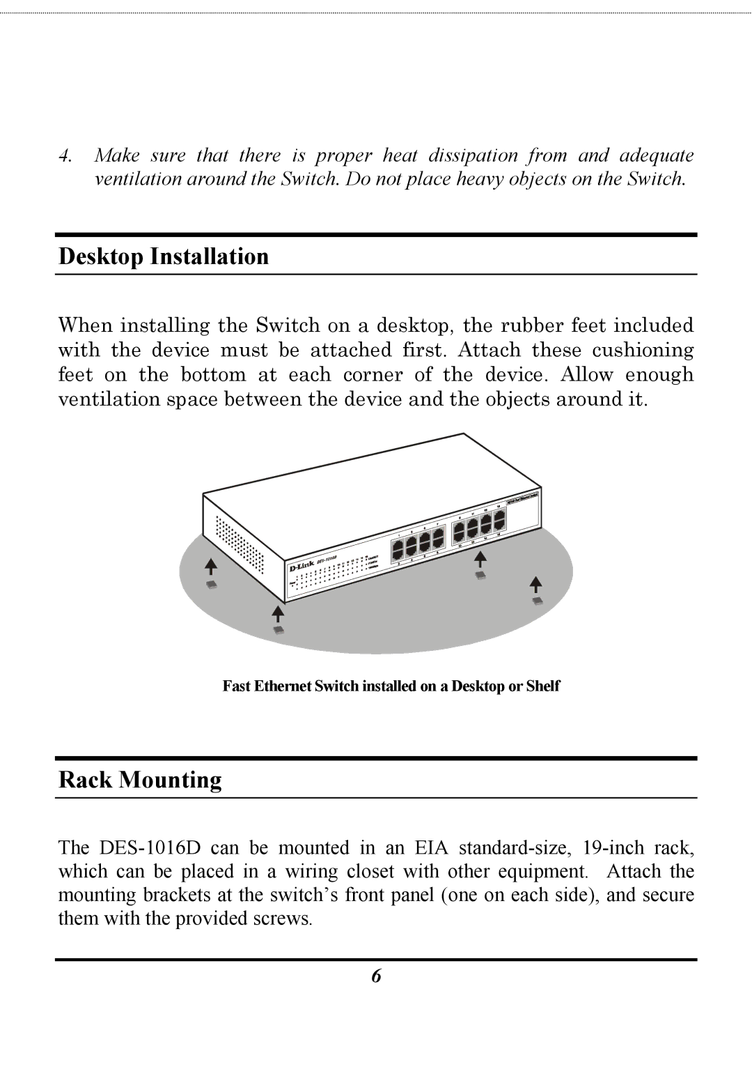 D-Link DES-1016D manual Desktop Installation, Rack Mounting 