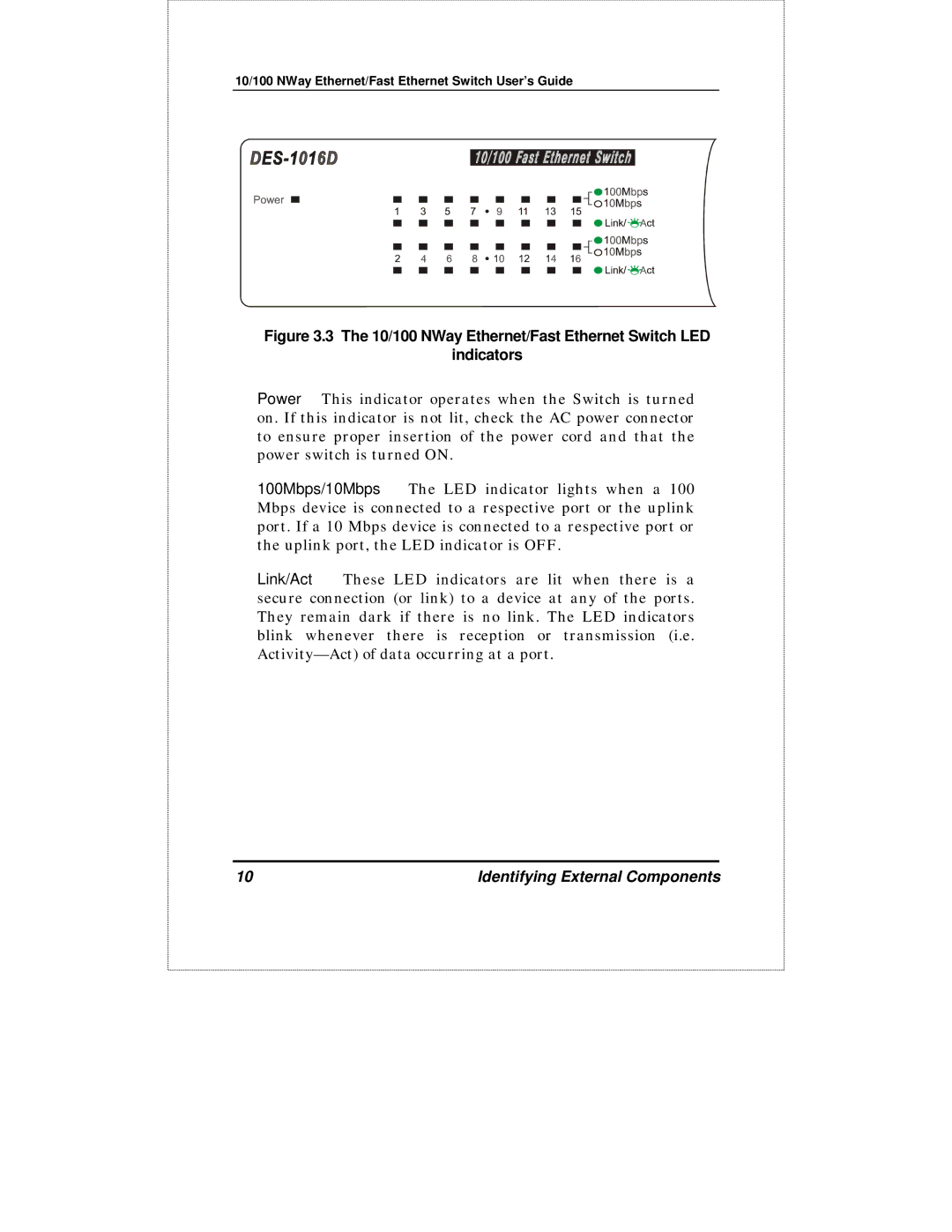 D-Link DES-1016D manual 10/100 NWay Ethernet/Fast Ethernet Switch LED Indicators 