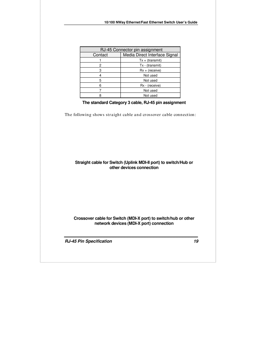 D-Link DES-1016D manual Standard Category 3 cable, RJ-45 pin assignment 