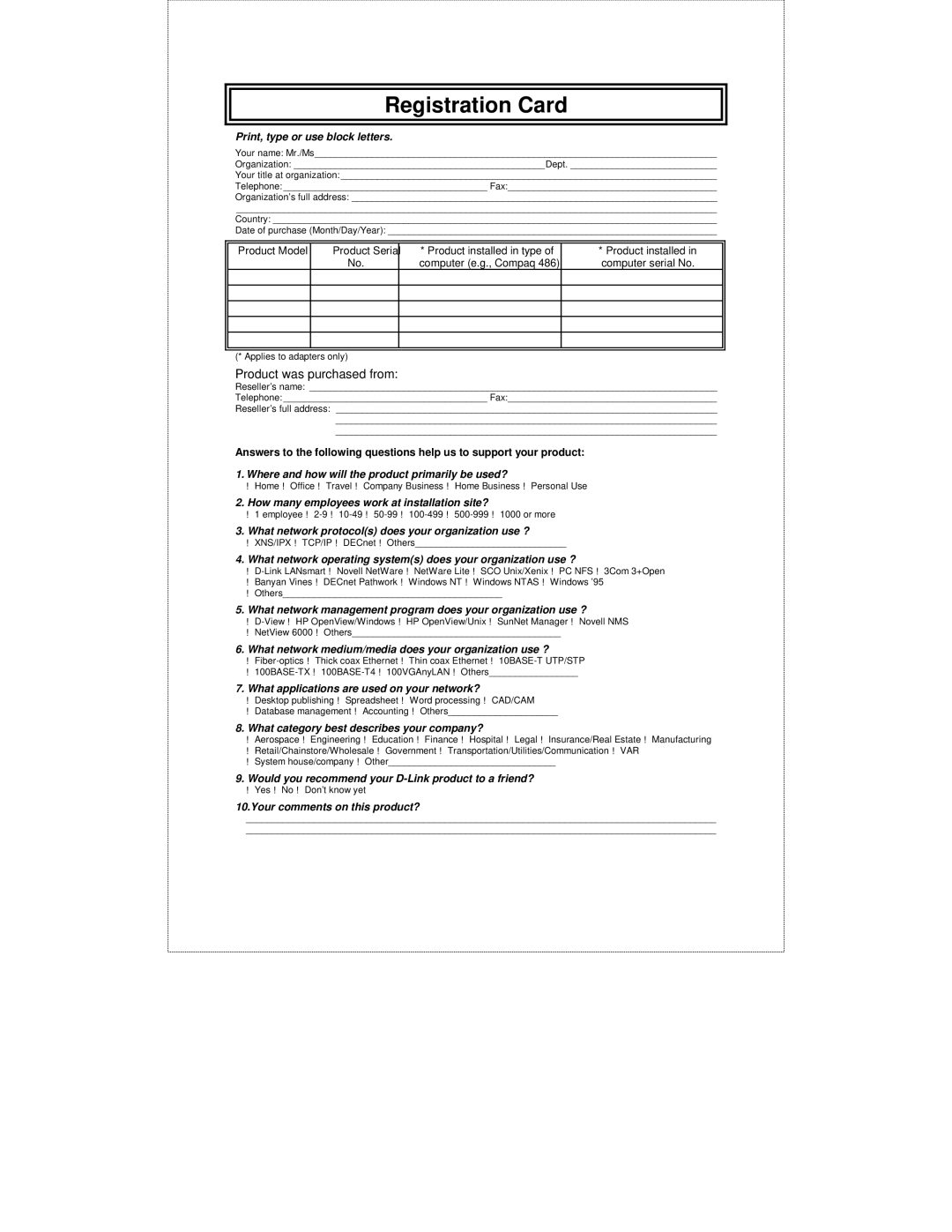 D-Link DES-1016D manual Registration Card 