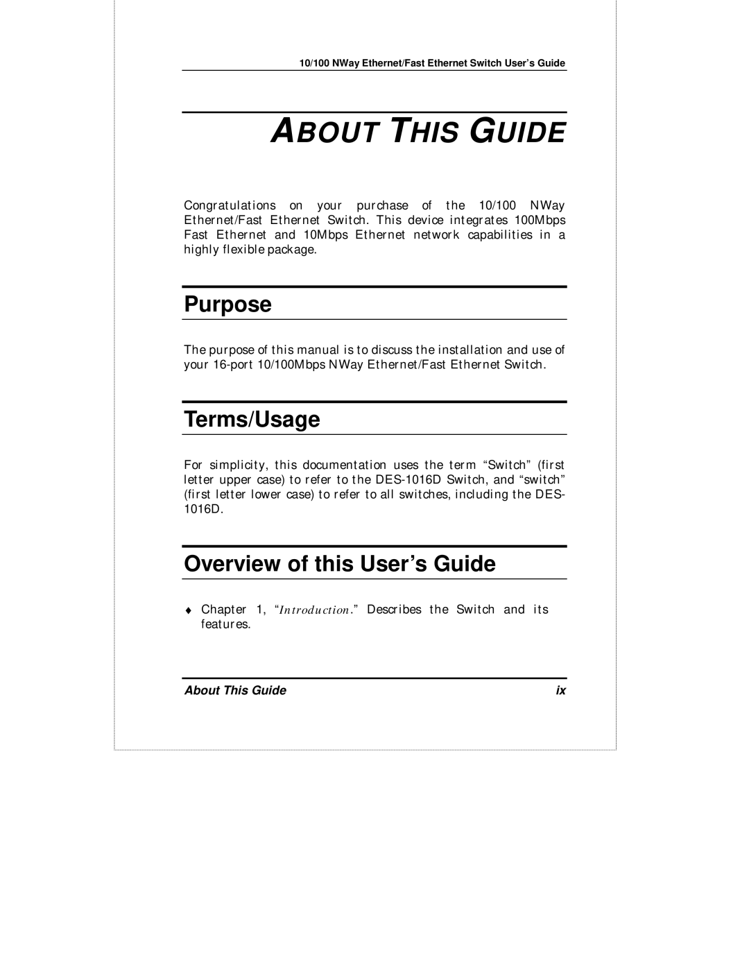 D-Link DES-1016D manual About this Guide, Purpose, Terms/Usage, Overview of this User’s Guide 