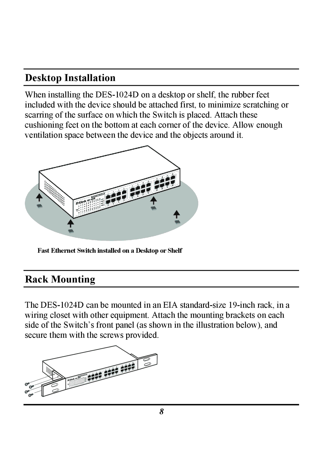 D-Link DES-1024D manual Desktop Installation, Rack Mounting 