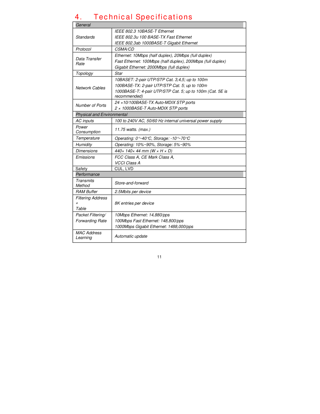 D-Link DES-1026G manual Technical Specifications, Csma/Cd 