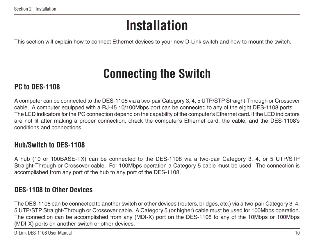 D-Link DES-1108 manual Installation, Connecting the Switch 