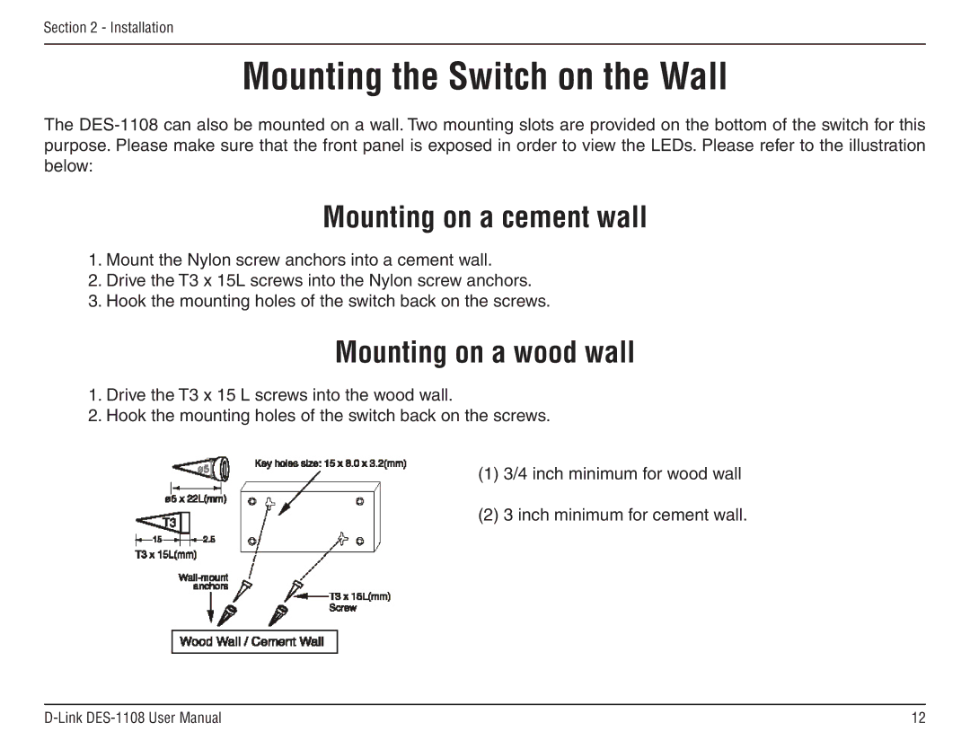 D-Link DES-1108 manual Mounting the Switch on the Wall, Mounting on a cement wall, Mounting on a wood wall 