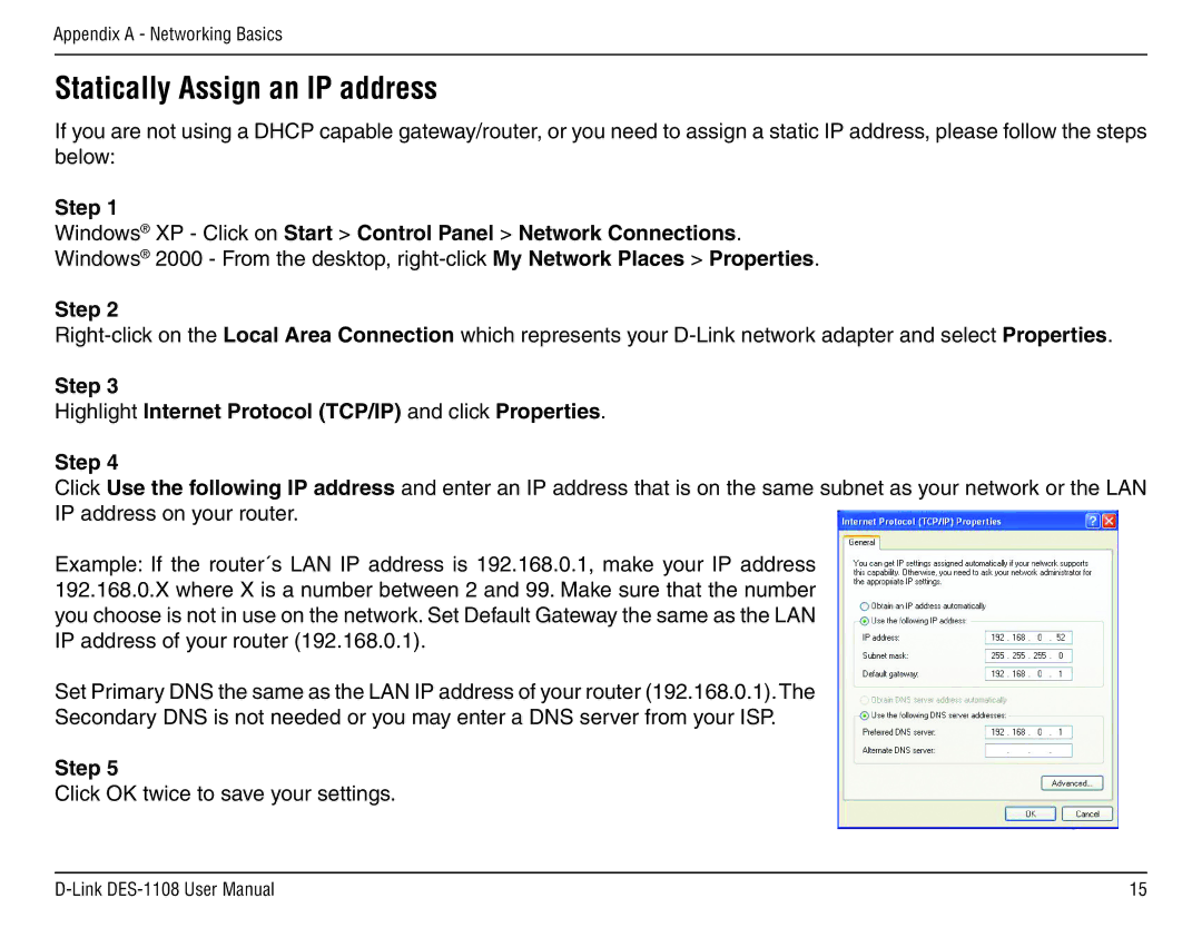 D-Link DES-1108 manual Step Highlight Internet Protocol TCP/IP and click Properties 