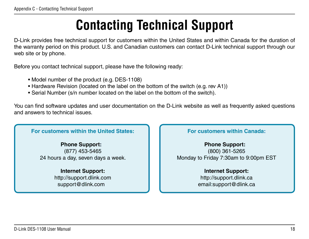 D-Link DES-1108 manual Contacting Technical Support, Phone Support 