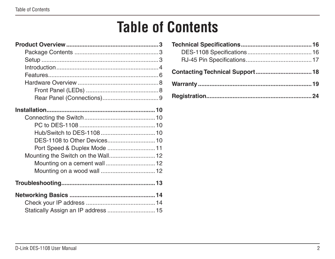 D-Link DES-1108 manual Table of Contents 