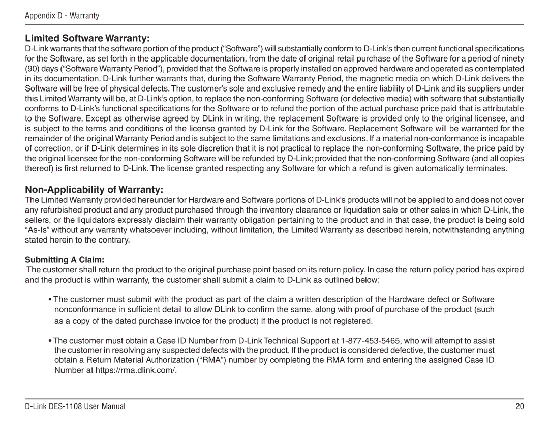 D-Link DES-1108 manual Limited Software Warranty, Non-Applicability of Warranty 