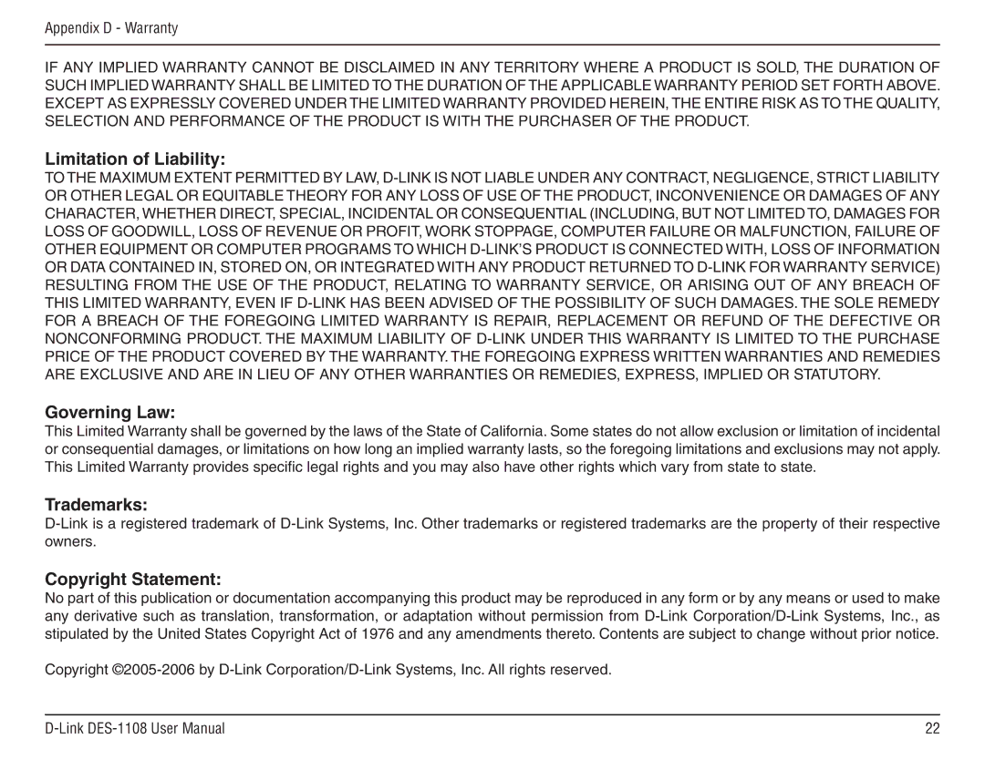 D-Link DES-1108 manual Limitation of Liability, Governing Law, Trademarks, Copyright Statement 