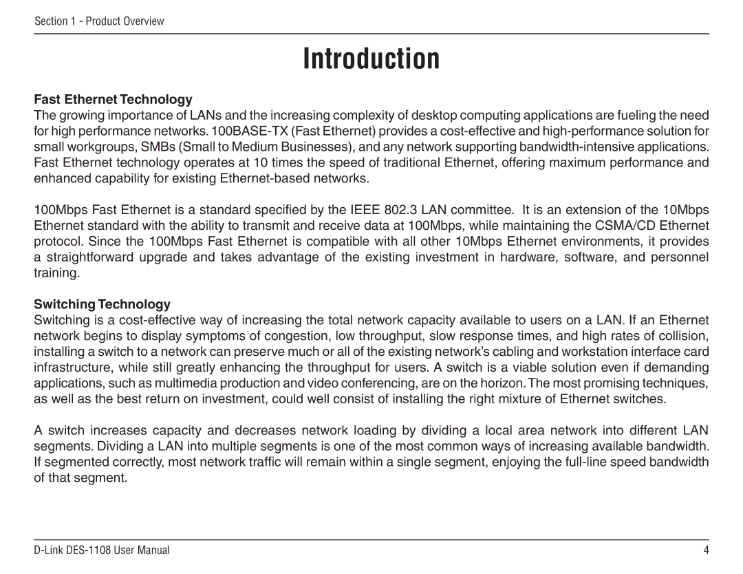 D-Link DES-1108 manual Introduction, Fast Ethernet Technology, Switching Technology 