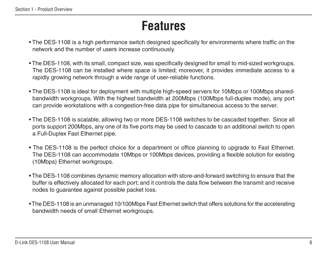 D-Link DES-1108 manual Features 