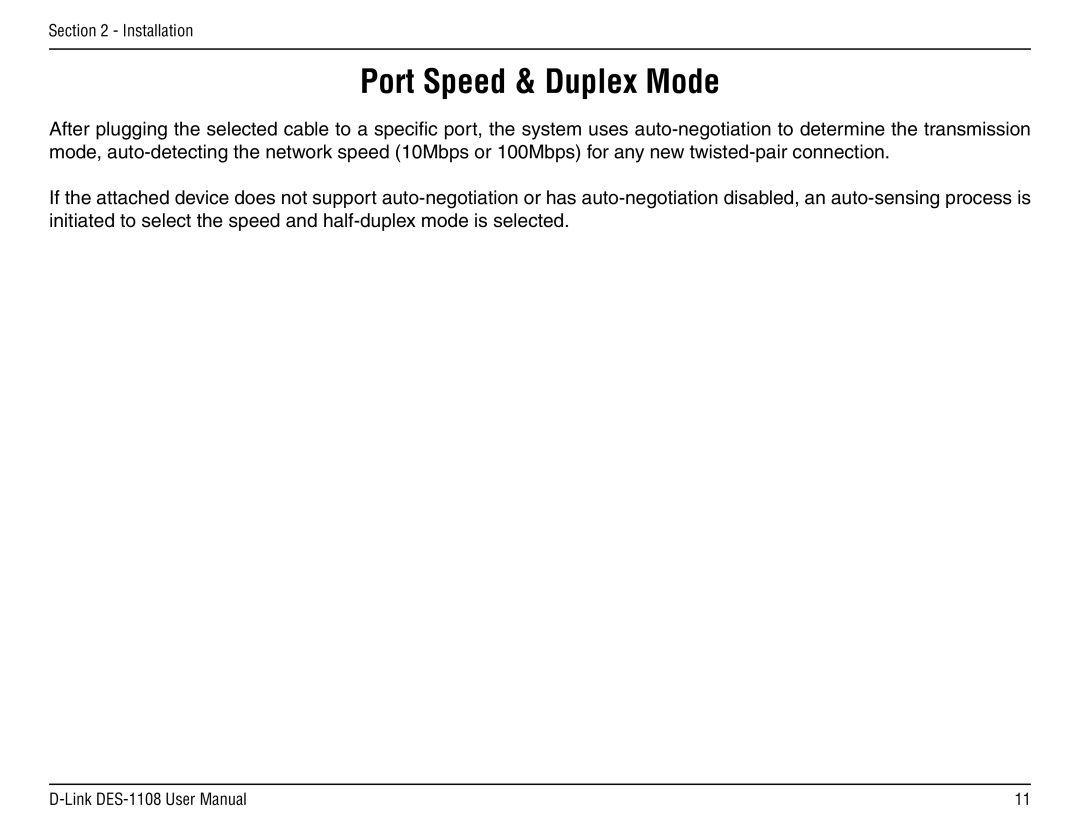 D-Link DES-1108 manual Port Speed & Duplex Mode 