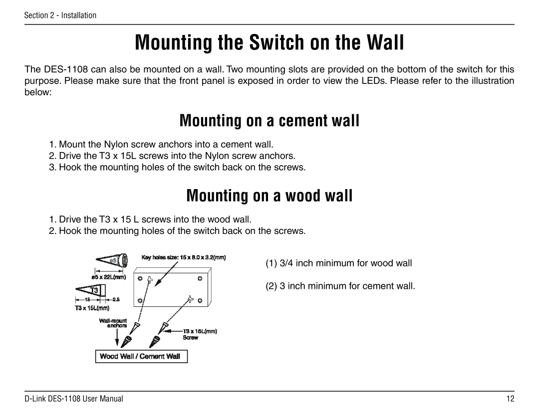 D-Link DES-1108 manual Mounting the Switch on the Wall, Mounting on a cement wall, Mounting on a wood wall 