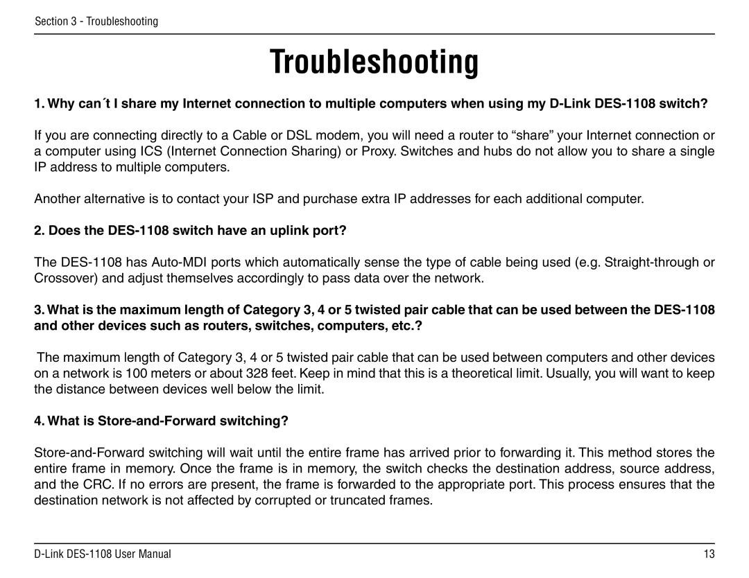 D-Link manual Troubleshooting, Does the DES-1108 switch have an uplink port?, What is Store-and-Forward switching? 