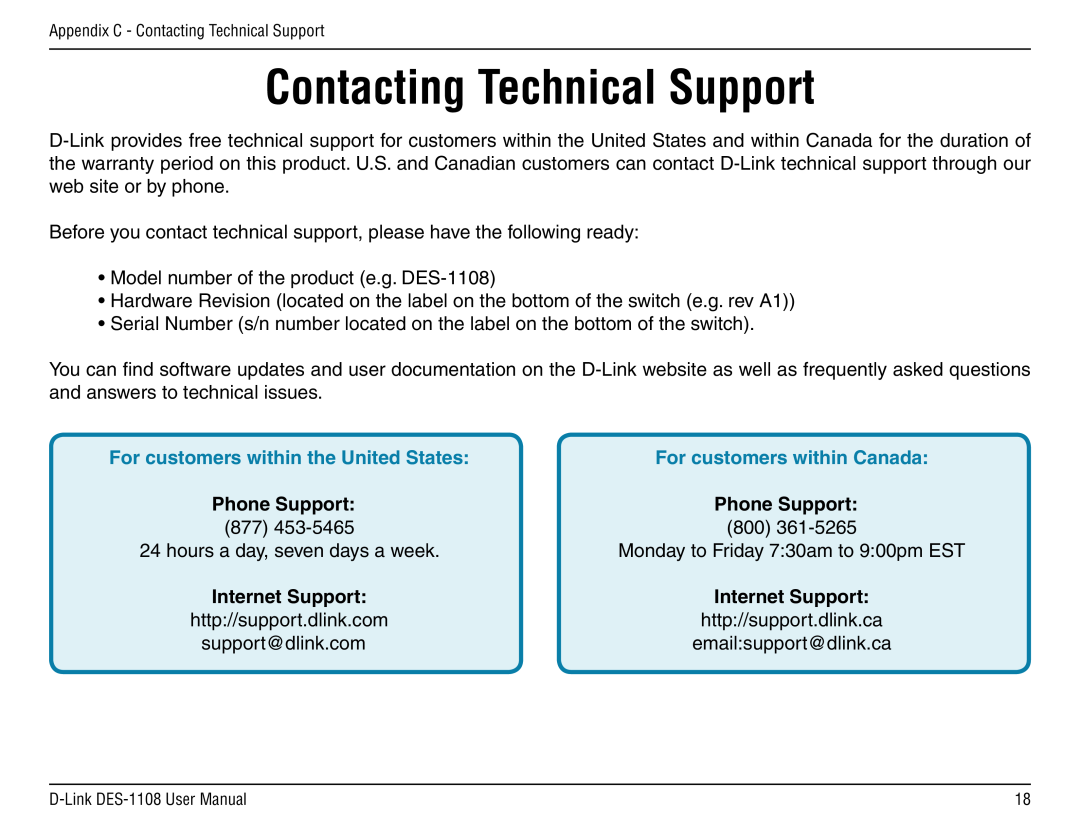 D-Link DES-1108 manual Contacting Technical Support, Phone Support 