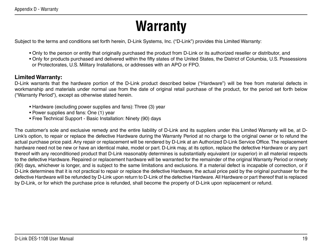 D-Link DES-1108 manual Limited Warranty 