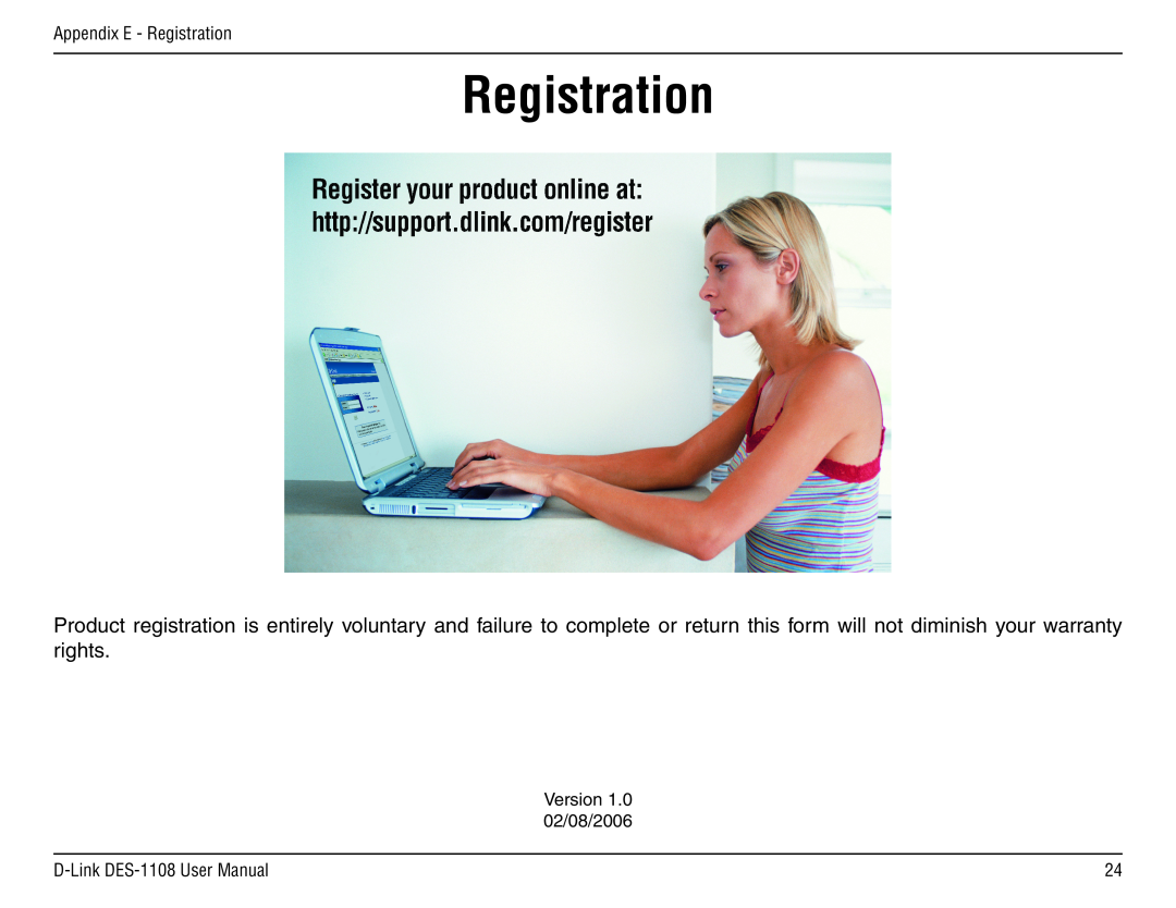 D-Link DES-1108 manual Registration 