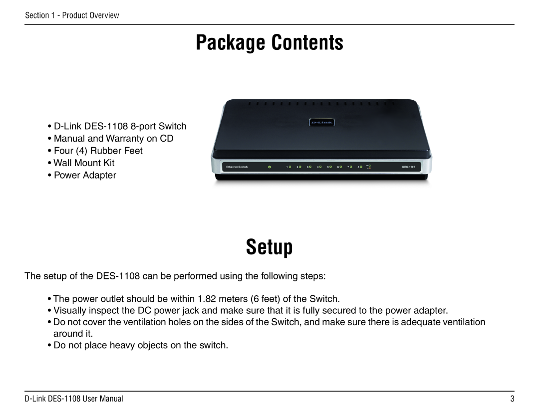D-Link DES-1108 manual Setup, ProductPackageOverviewContents 