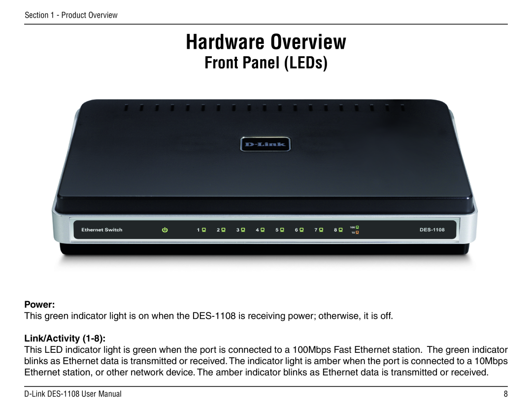 D-Link DES-1108 manual Hardware Overview, Front Panel LEDs, Power, Link/Activity 