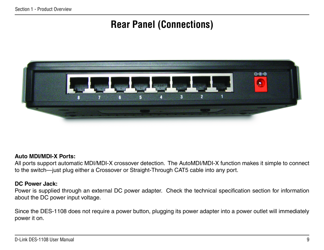 D-Link DES-1108 manual Rear Panel Connections, Auto MDI/MDI-X Ports, DC Power Jack 