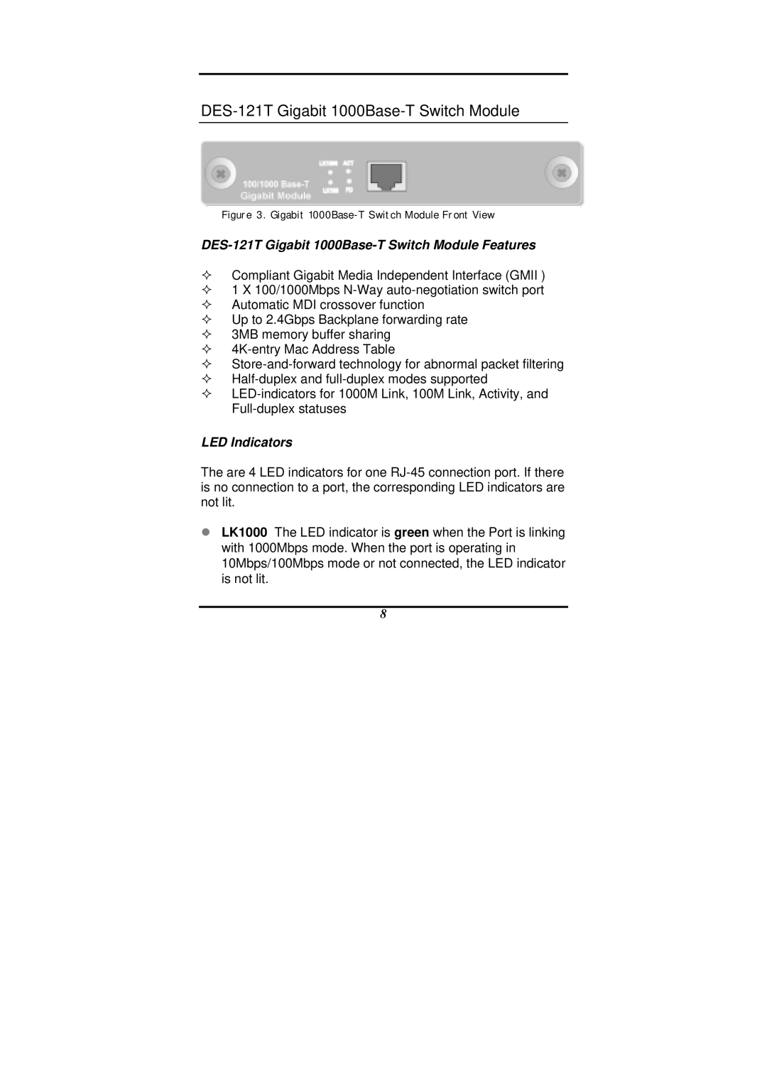 D-Link DES-1200M manual DES-121T Gigabit 1000Base-T Switch Module Features, LED Indicators 