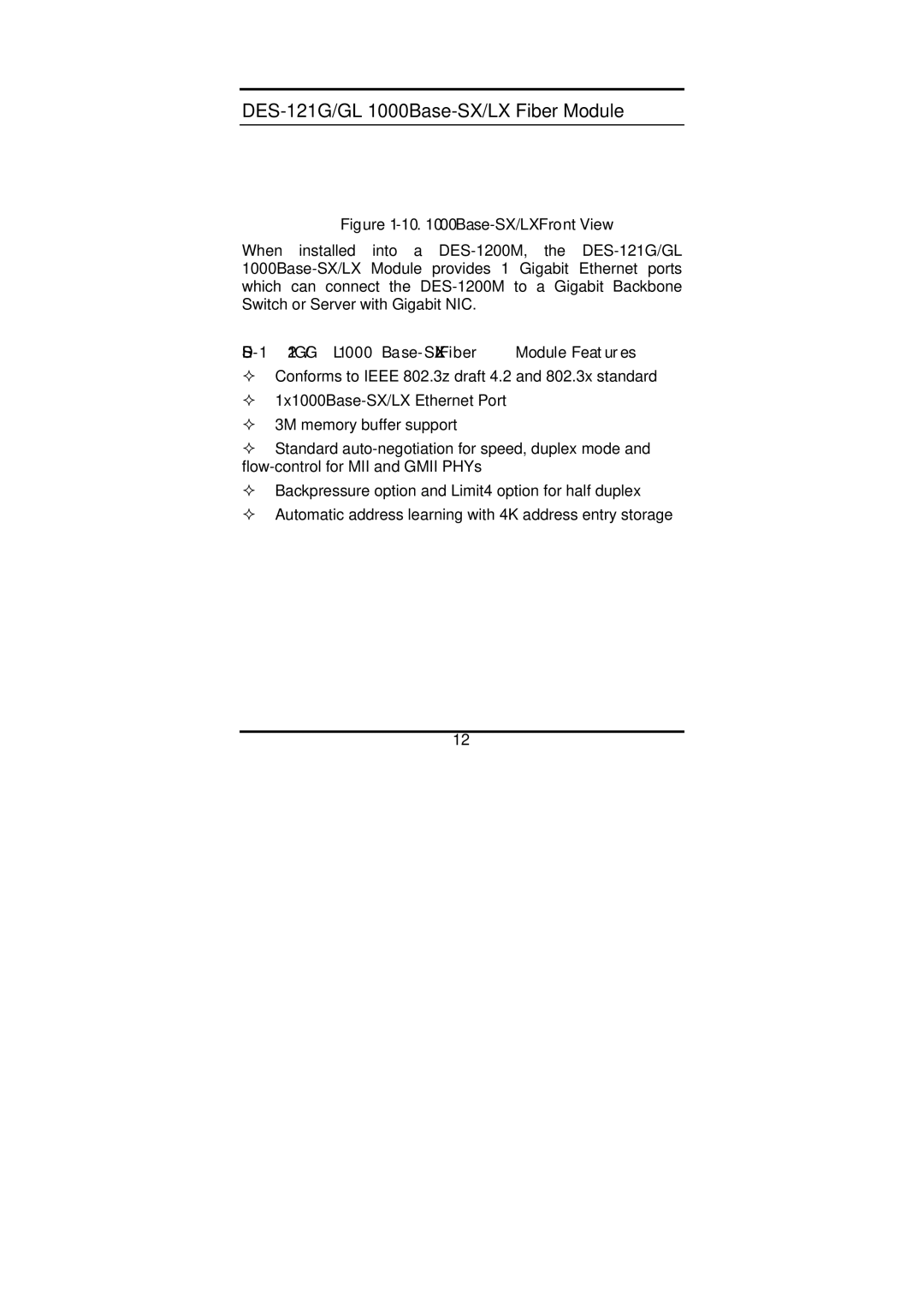 D-Link DES-1200M manual DES-121G/GL 1000Base-SX/LX Fiber Module Features 