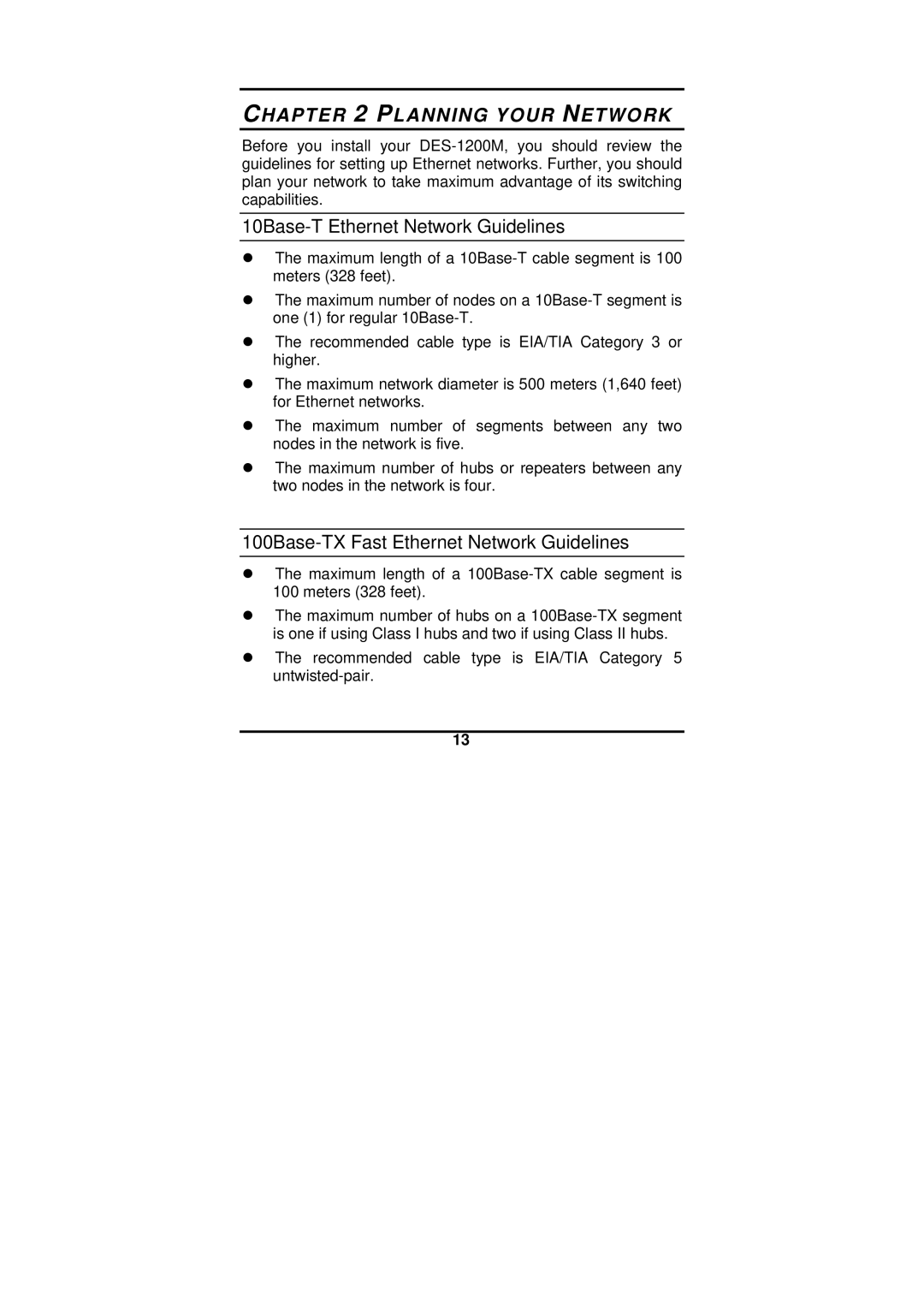 D-Link DES-1200M manual 10Base-T Ethernet Network Guidelines, 100Base-TX Fast Ethernet Network Guidelines 