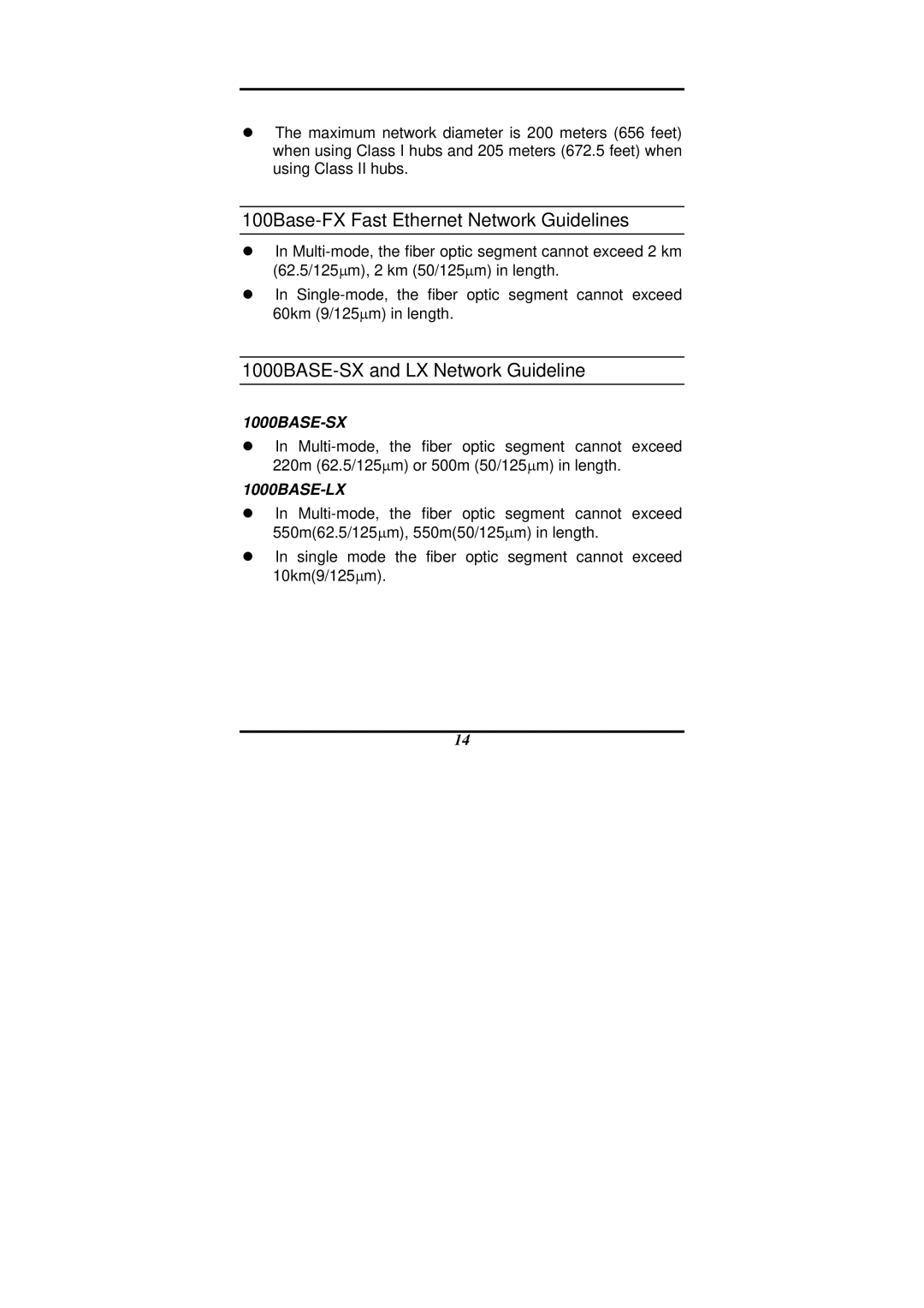 D-Link DES-1200M manual 100Base-FX Fast Ethernet Network Guidelines, 1000BASE-SX and LX Network Guideline 