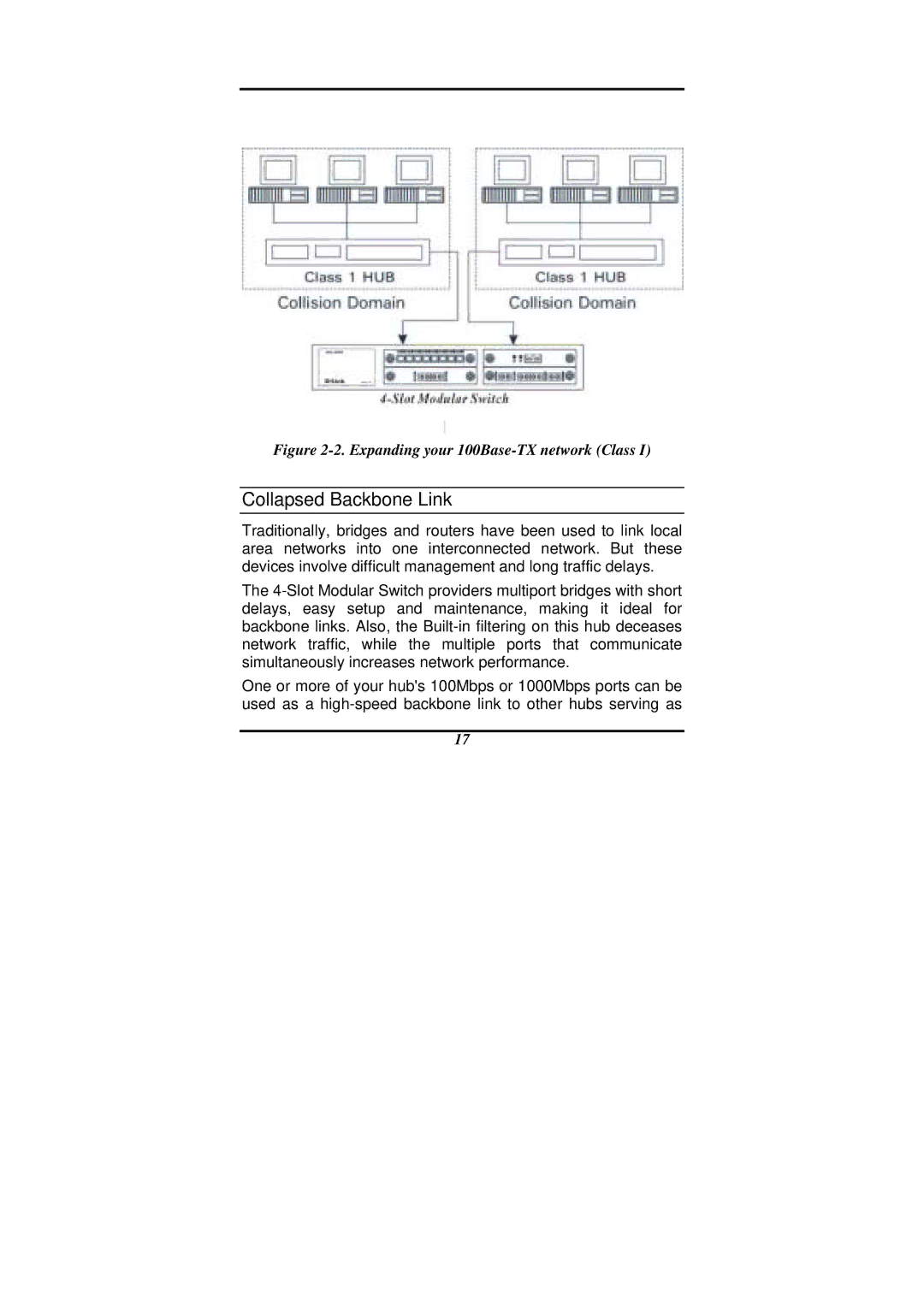 D-Link DES-1200M manual Collapsed Backbone Link, Expanding your 100Base-TX network Class 