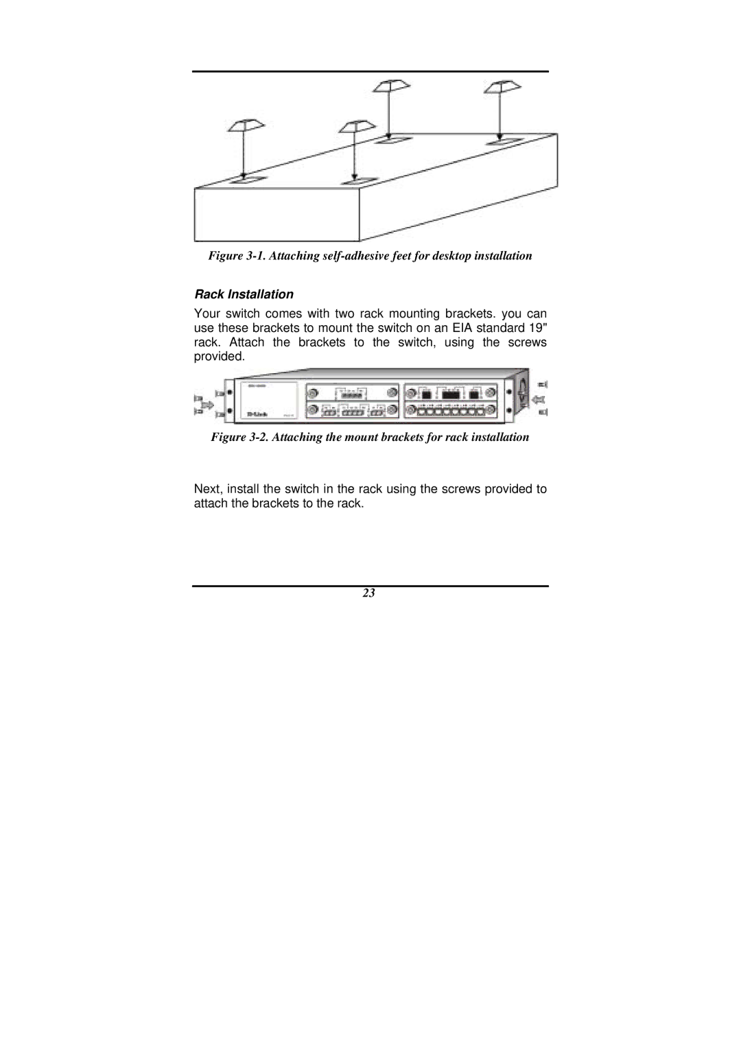 D-Link DES-1200M manual Attaching self-adhesive feet for desktop installation, Rack Installation 