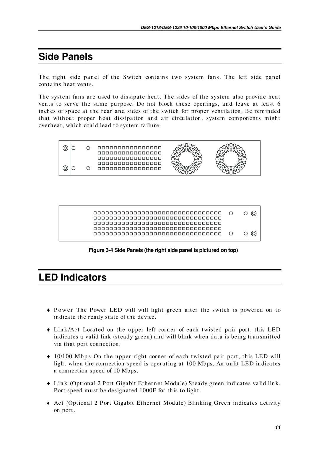 D-Link DES1226, DES-1218 manual Side Panels, LED Indicators 
