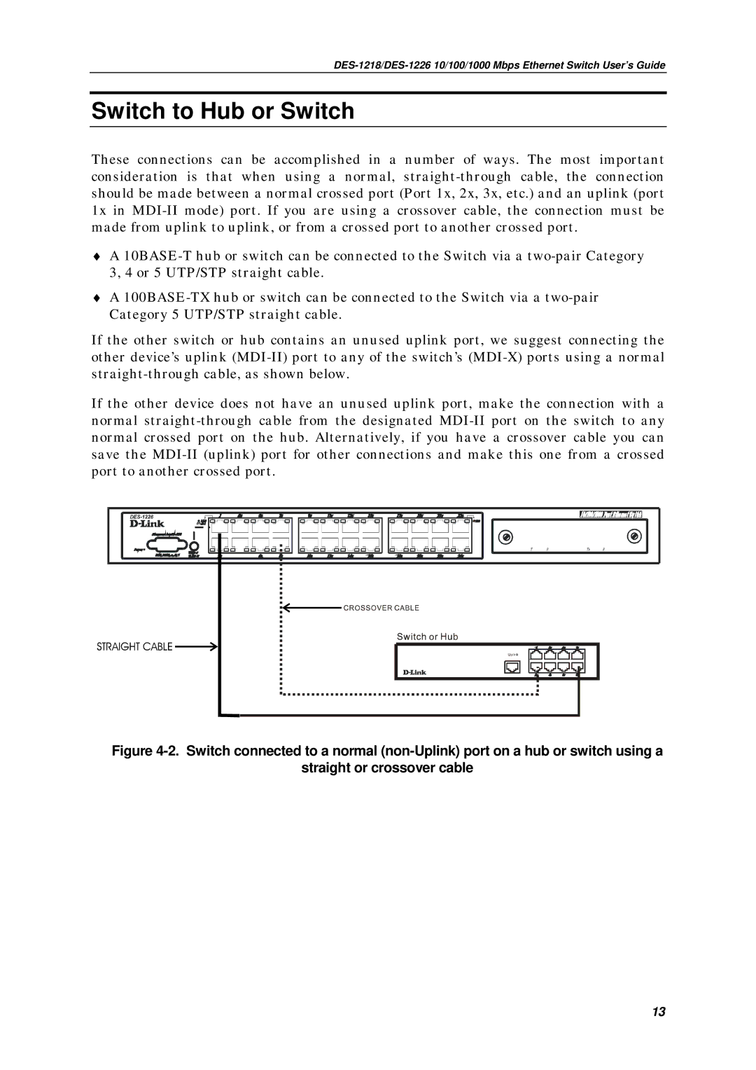 D-Link DES1226, DES-1218 manual Switch to Hub or Switch 