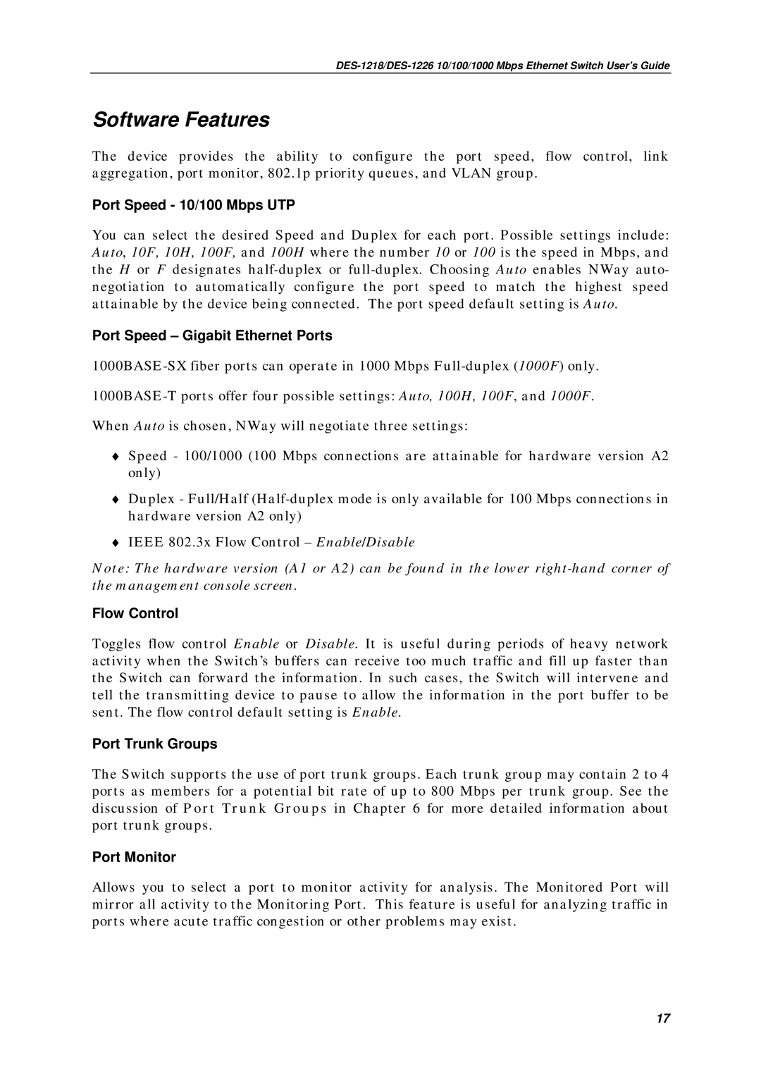 D-Link DES1226, DES-1218 manual Software Features 