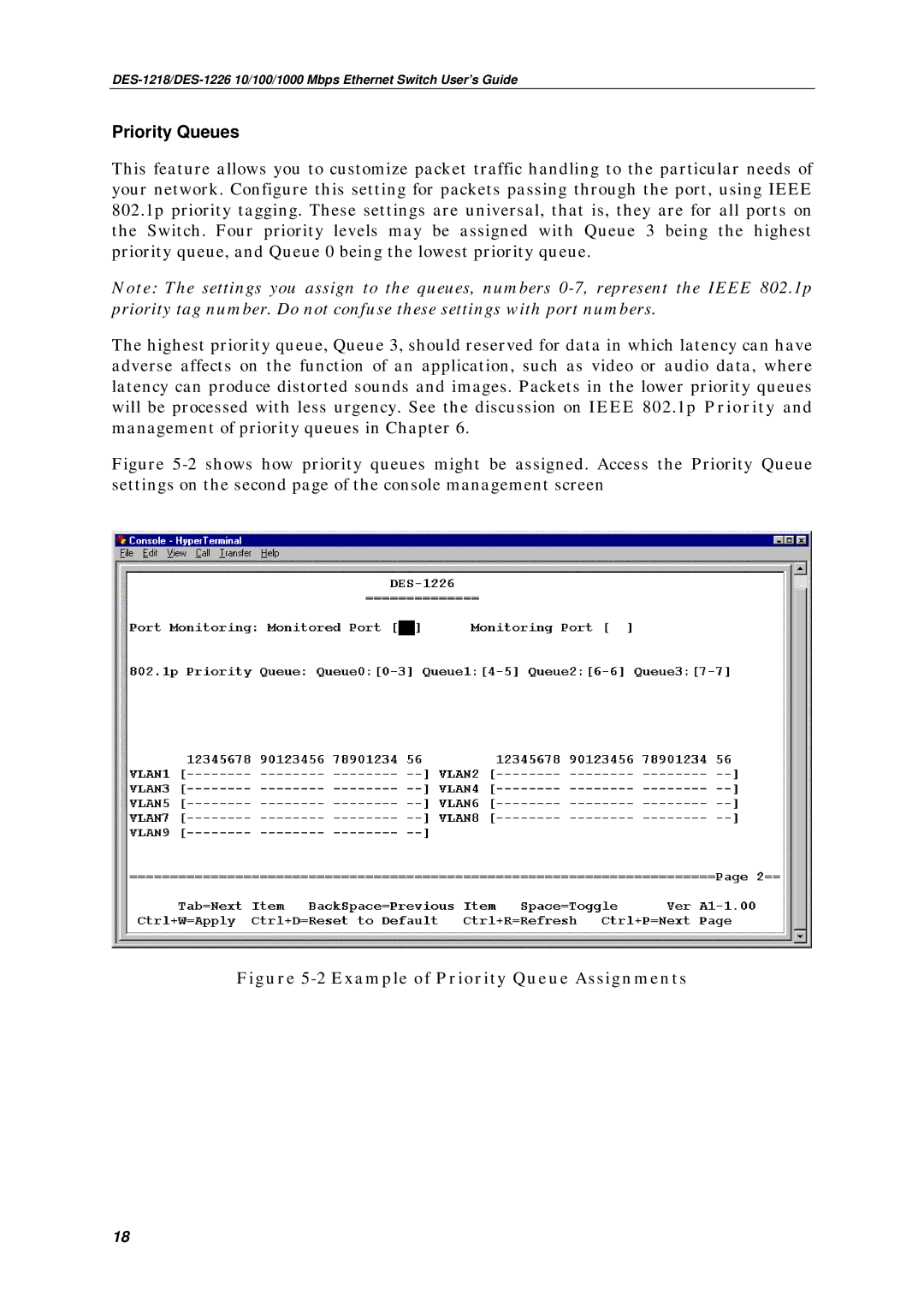 D-Link DES-1218, DES1226 manual Priority Queues, Example of Priority Queue Assignments 