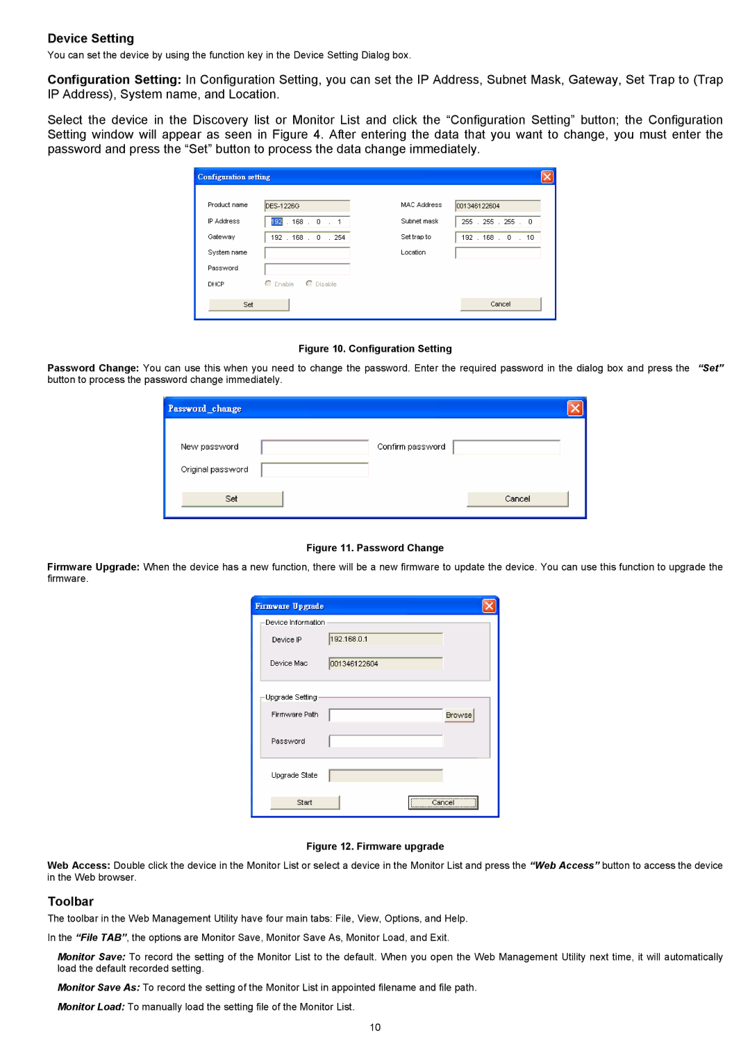 D-Link DES-1226G manual Device Setting, Toolbar 