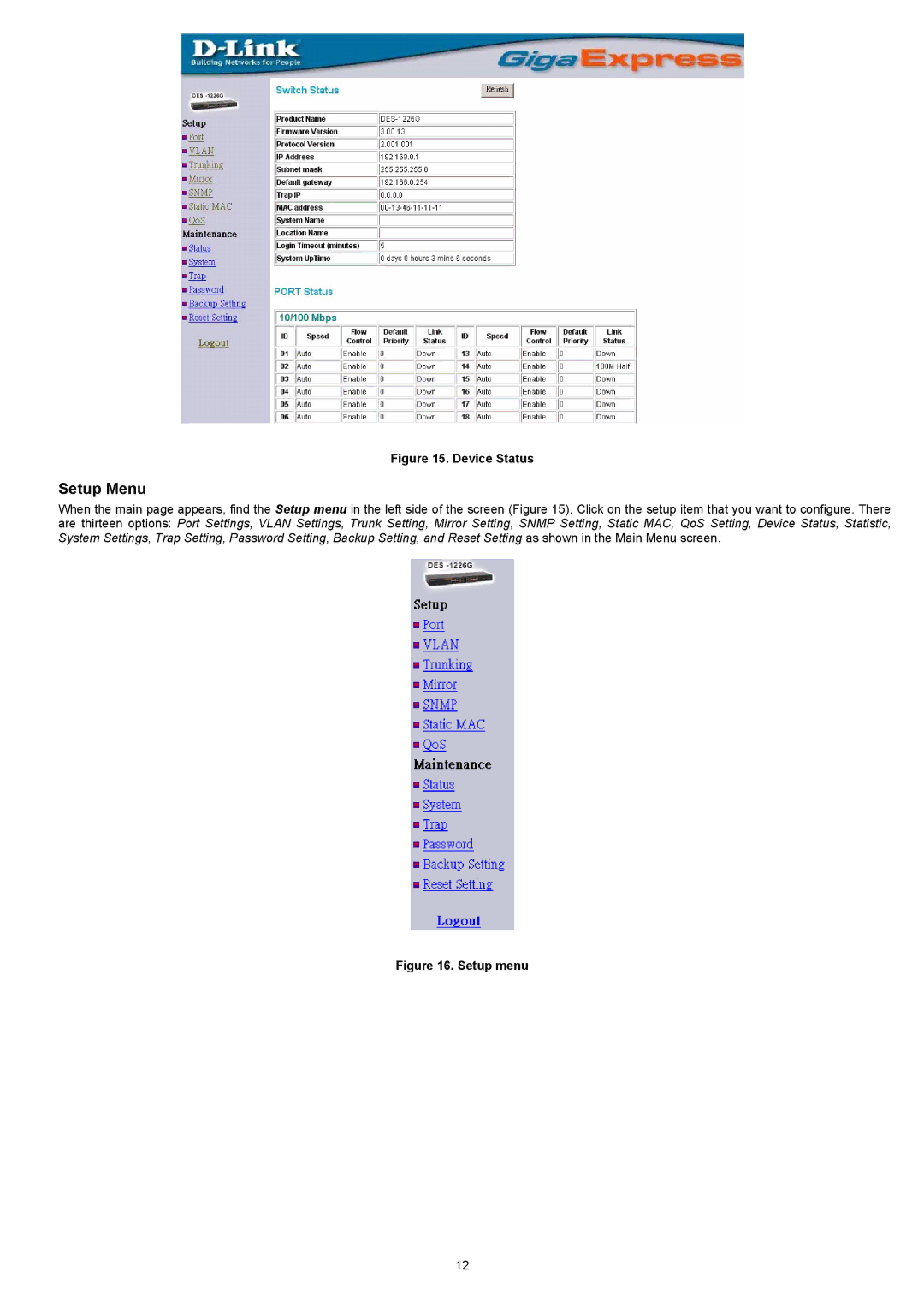 D-Link DES-1226G manual Setup Menu, Device Status 