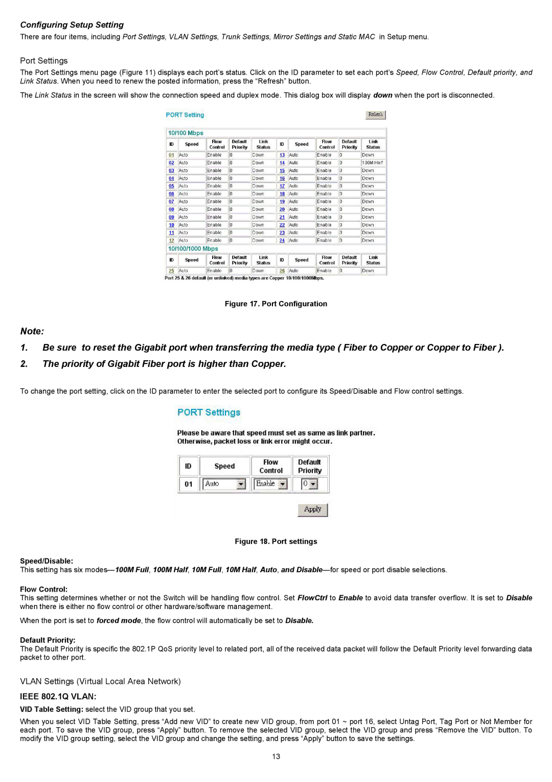 D-Link DES-1226G manual Port Settings, Vlan Settings Virtual Local Area Network 