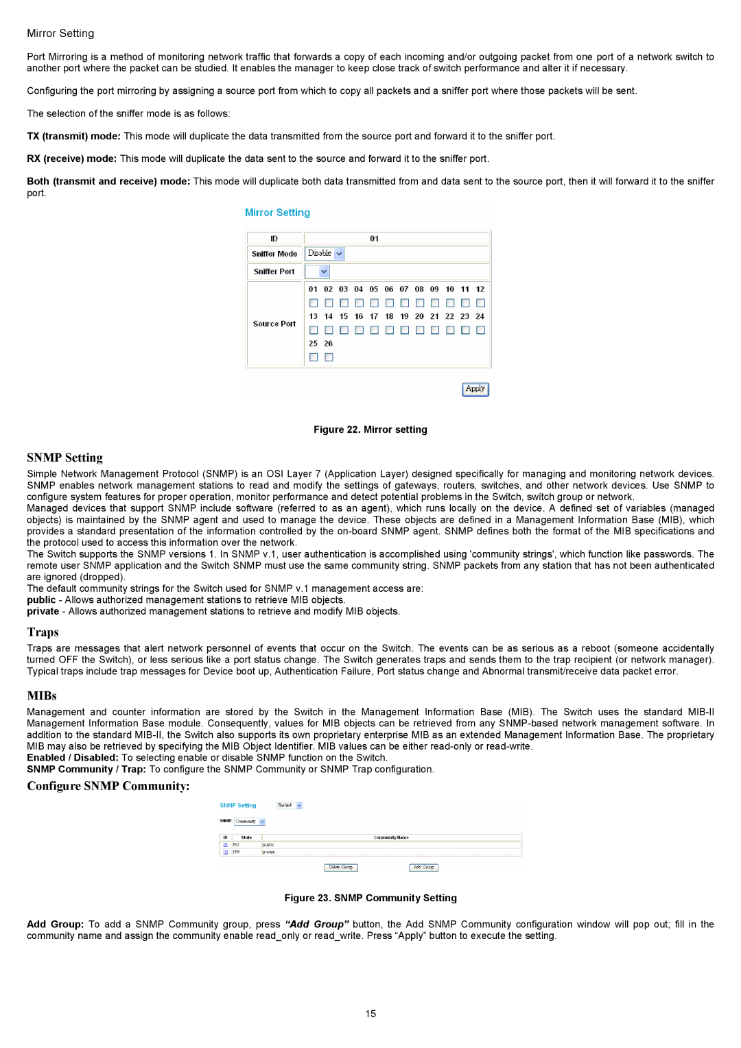 D-Link DES-1226G manual Snmp Setting, Mirror Setting 